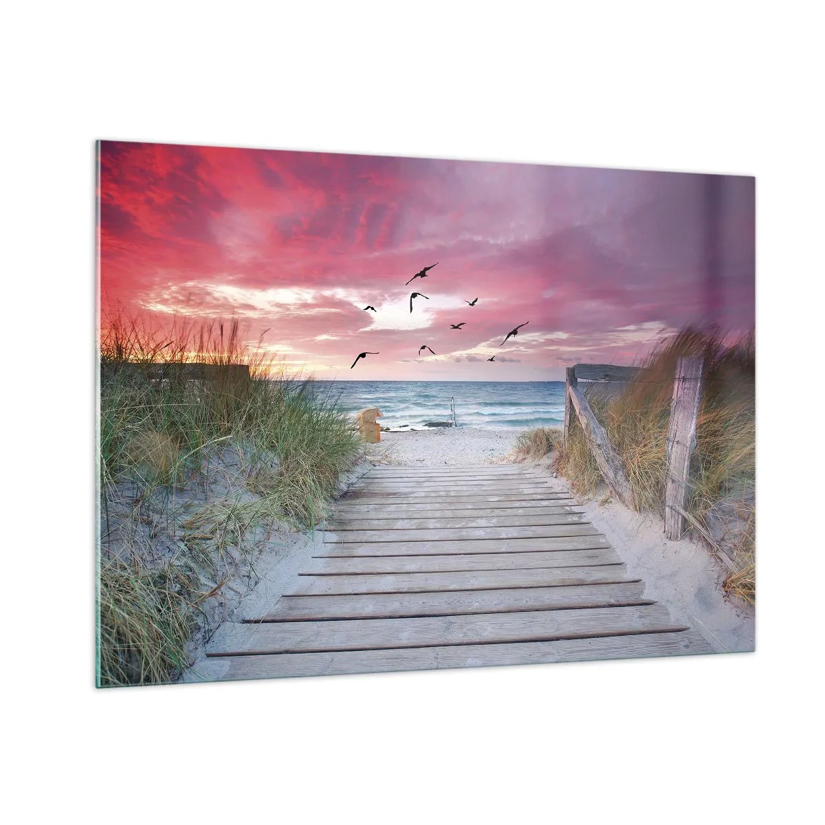 Impression sur verre - Image sur verre - Chemin vers la plage au coucher du soleil avec des oiseaux qui volent - 100x70cm - Impression de la Baltique - Décoration murale moderne pour le salon et la chambre ARTTOR