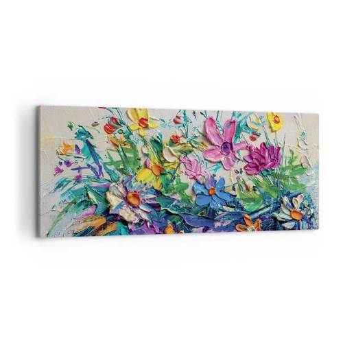Impression sur toile - Image sur toile - Un bouquet de fleurs coloré peint selon la technique de l'empâtement - 120x50cm - Absolument pas une nature morte - Décoration murale moderne pour le salon et la chambre ARTTOR