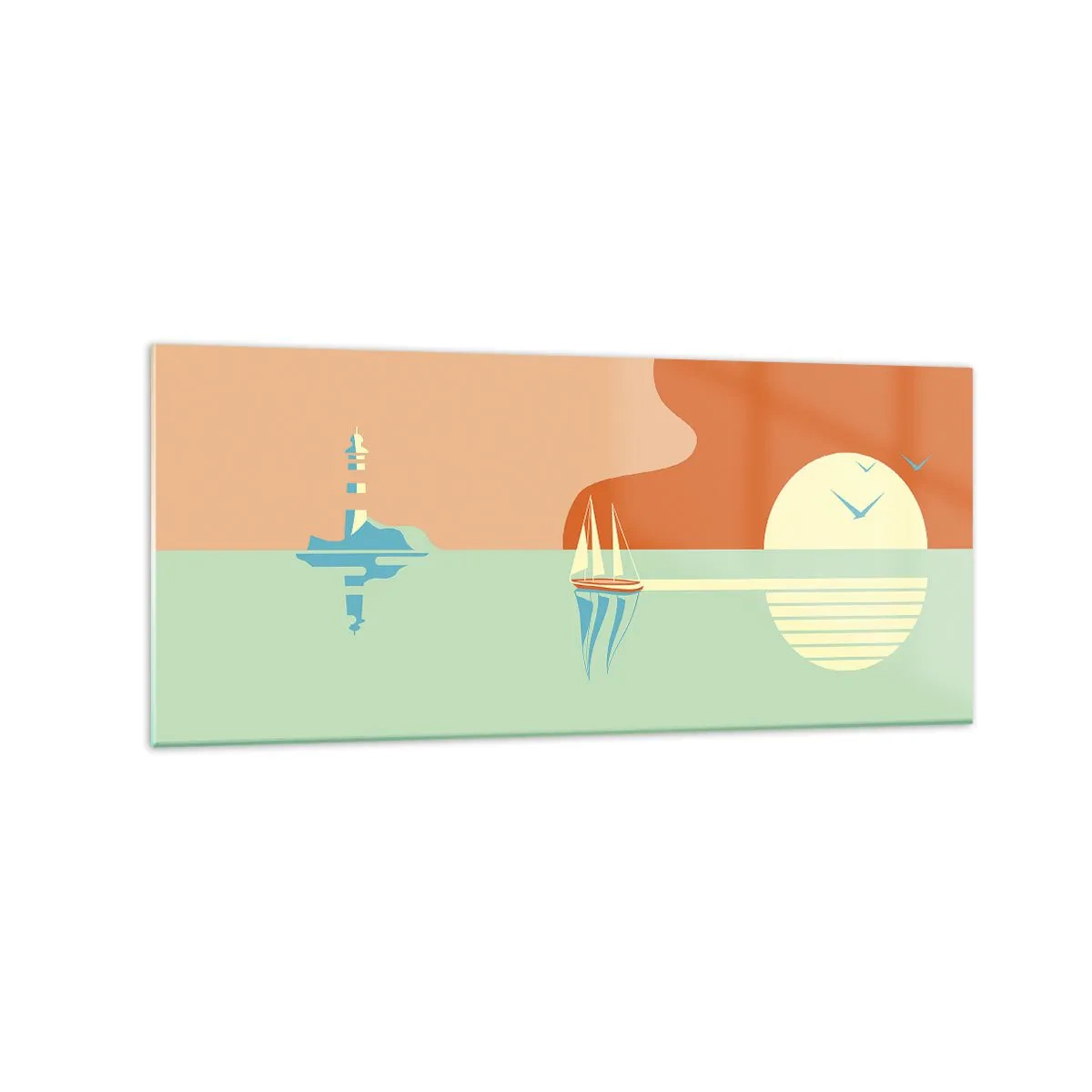 Impression sur verre - Image sur verre - Un paysage marin minimaliste avec un voilier et un coucher de soleil - 120x50cm - Paysage idéal de la mer - Décoration murale moderne pour le salon et la chambre ARTTOR