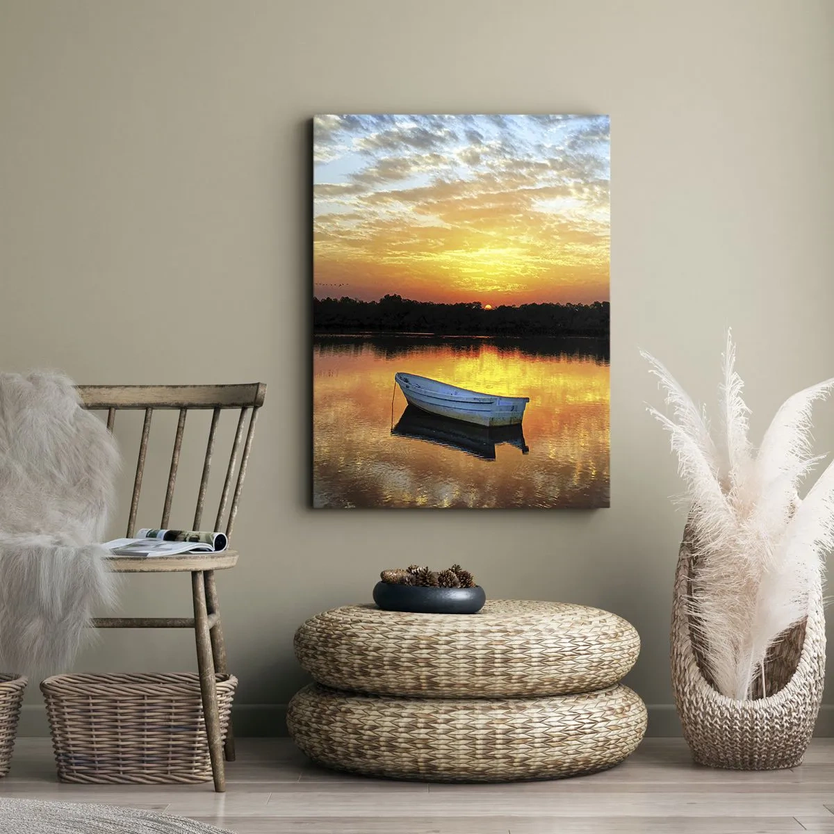 Impression sur toile - Image sur toile - Un bateau sur un lac calme au coucher du soleil - 50x70cm - Regardez, écoutez, méditez - Décoration murale moderne pour le salon et la chambre ARTTOR