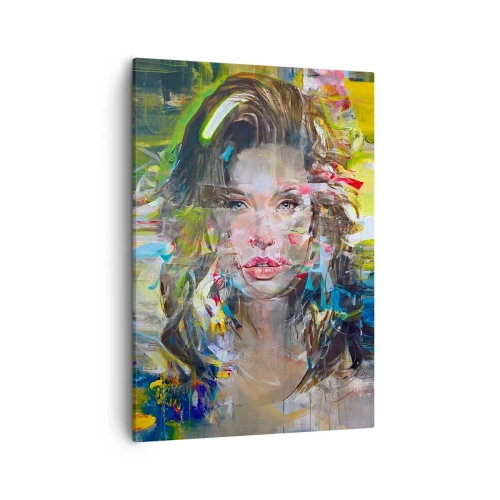 Impression sur toile - Image sur toile - Portrait abstrait d'une femme aux couleurs intenses - 50x70cm - Derrière l'air, un rideau - Décoration murale moderne pour le salon et la chambre ARTTOR
