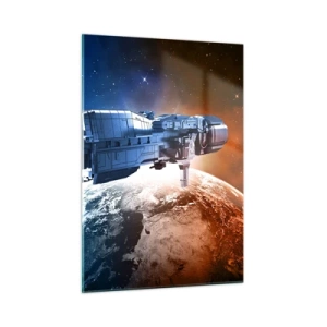 Impression sur verre - Image sur verre - Un vaisseau spatial en orbite autour d'une planète à la lumière des étoiles - 50x70cm - Un observateur attentif - Décoration murale moderne pour le salon et la chambre ARTTOR