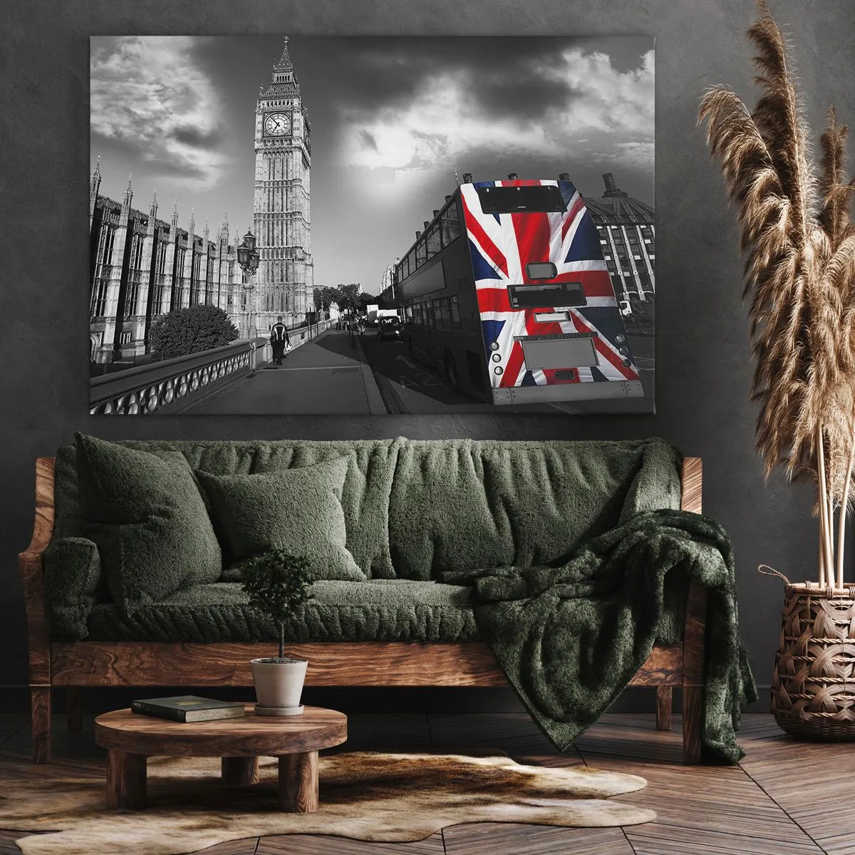 Impression sur toile - Image sur toile - Big Ben et un bus avec un drapeau britannique sur fond noir et blanc - 120x80cm - Fière et grande - Décoration murale moderne pour le salon et la chambre ARTTOR