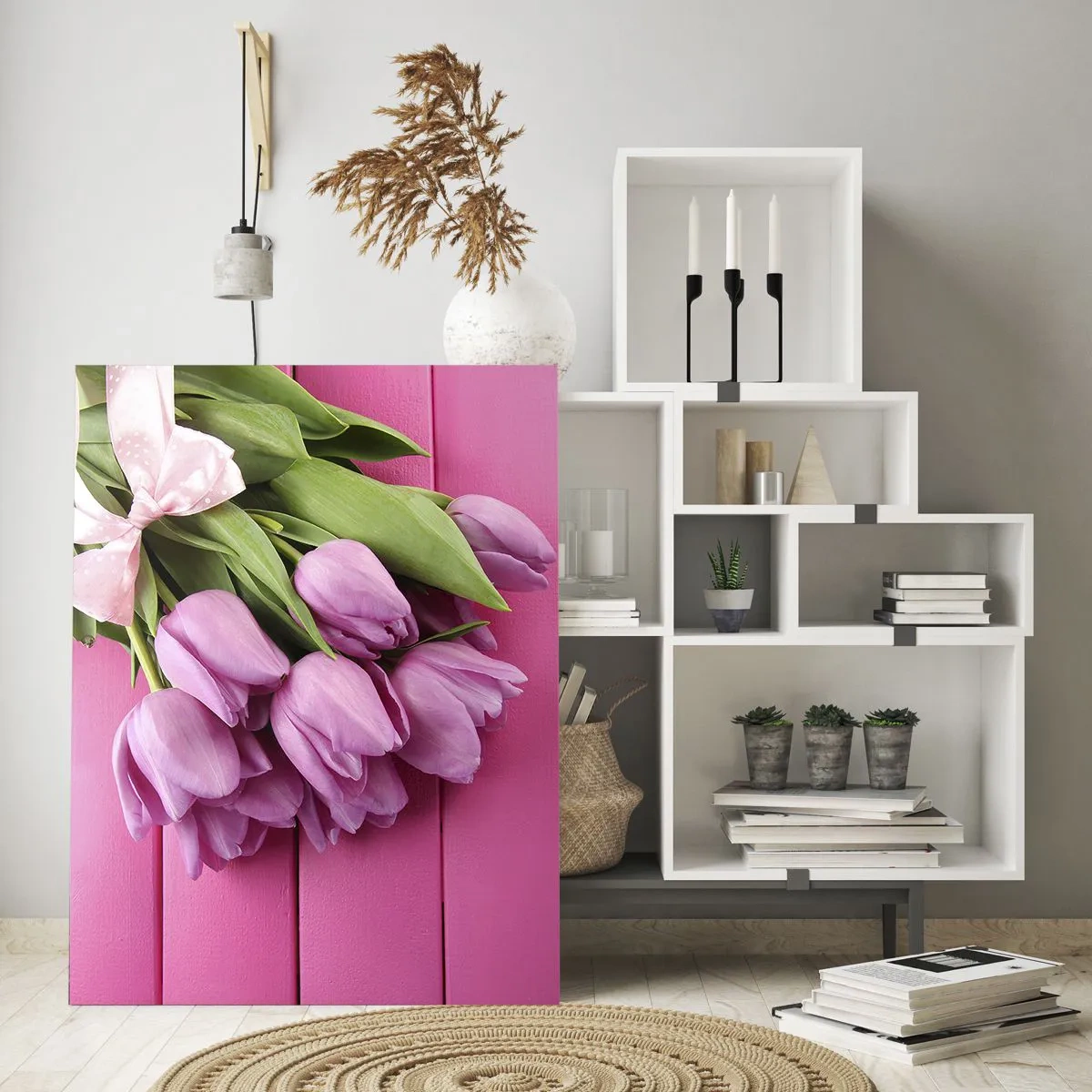 Impression sur verre - Image sur verre - Un bouquet de tulipes roses sur un fond en bois - 50x70cm - Juste pour toi - Décoration murale moderne pour le salon et la chambre ARTTOR