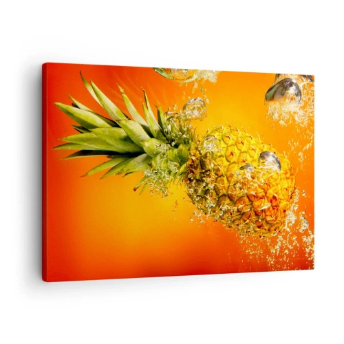 Impression sur toile - Image sur toile - Un ananas immergé dans l'eau sur un fond dégradé orange. - 70x50cm - Fraîcheur juteuse tropicale - Décoration murale moderne pour le salon et la chambre ARTTOR