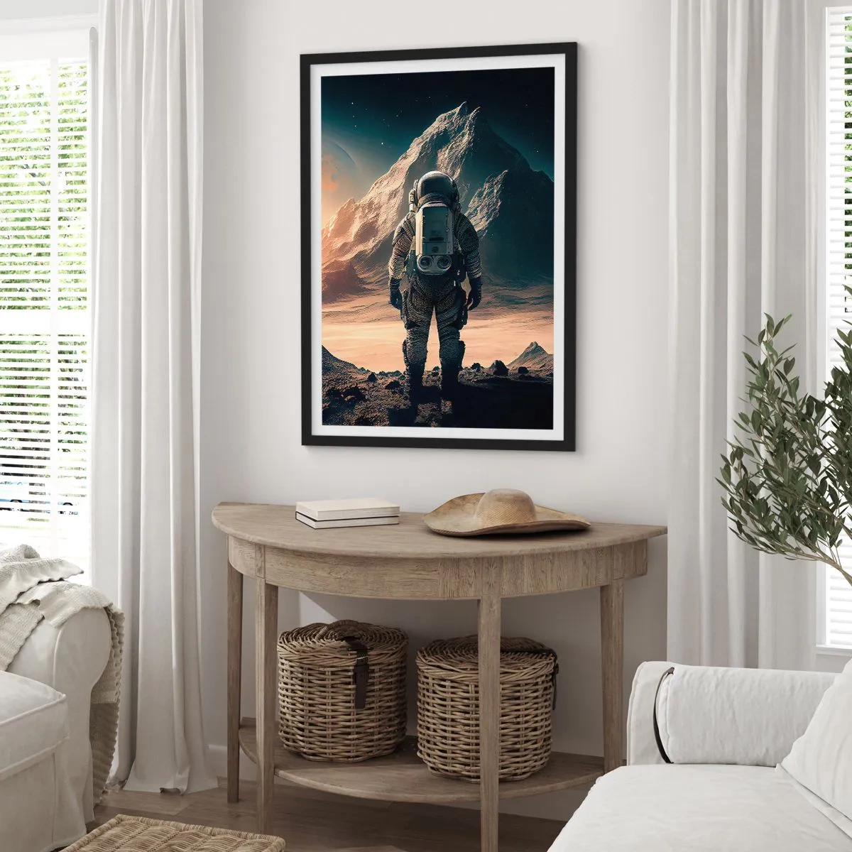 Affiche dans un cadre noir - Poster - Astronaute sur une planète extraterrestre à la lumière des étoiles - 50x70cm - Nouveau défi - Décoration murale moderne pour le salon et la chambre ARTTOR
