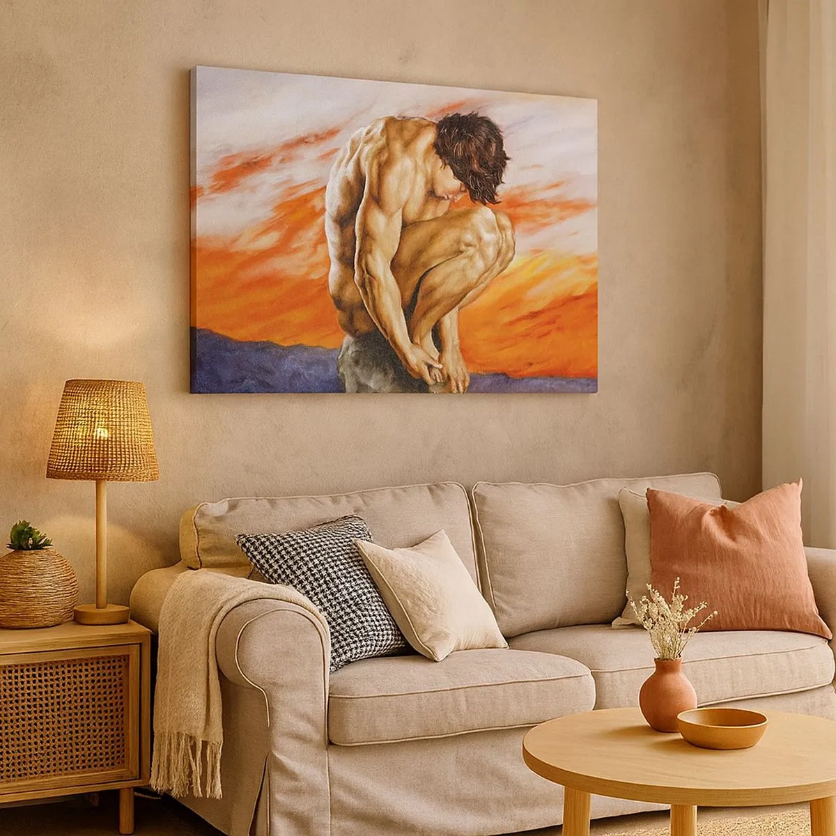 Impression sur toile - Image sur toile - Un homme perdu dans ses pensées sur fond de coucher de soleil - 70x50cm - Plongé dans ses pensées - Décoration murale moderne pour le salon et la chambre ARTTOR