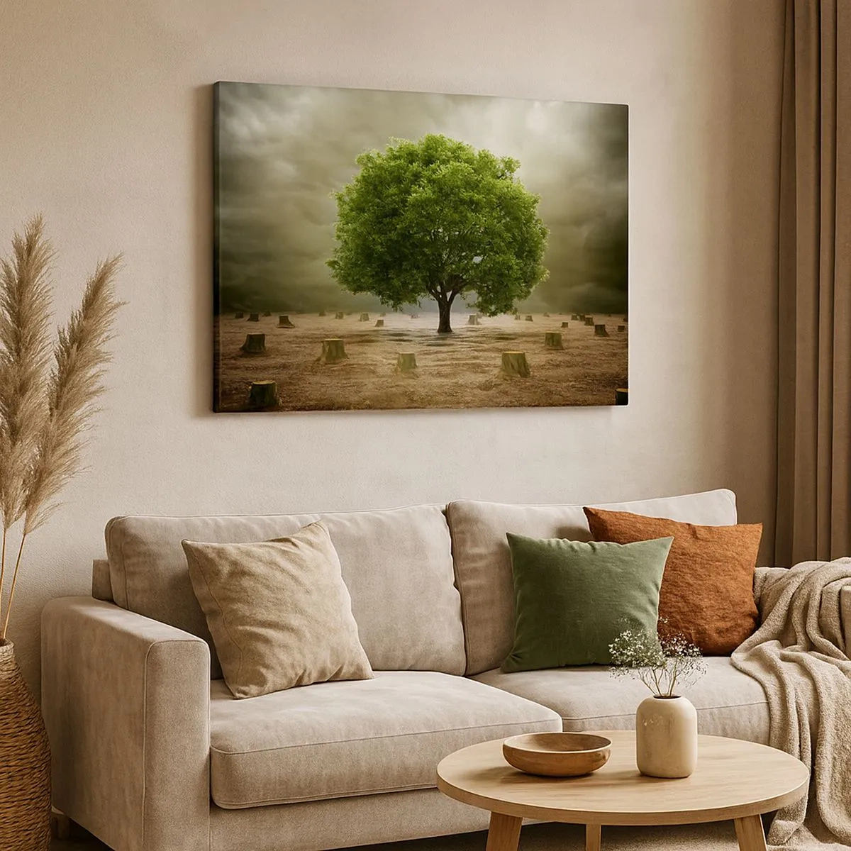 Impression sur toile - Image sur toile - Un arbre vert entouré de troncs d'arbres abattus contre un ciel nuageux - 70x50cm - Tout l'espoir - Décoration murale moderne pour le salon et la chambre ARTTOR