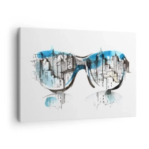 Impression sur toile - Image sur toile - Aquarelle du panorama de la ville reflété dans les verres - 70x50cm - Le chic des grandes villes - Décoration murale moderne pour le salon et la chambre ARTTOR