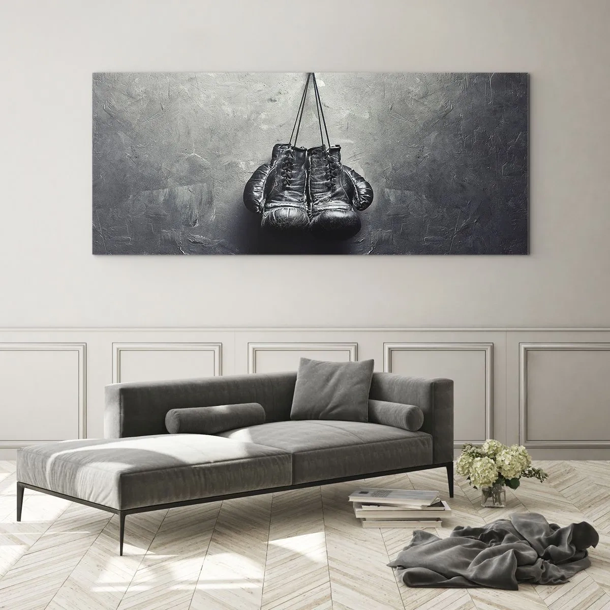 Impression sur verre - Image sur verre - De vieux gants de boxe contre le mur - 120x50cm - Un temps pour se battre et un temps pour la paix - Décoration murale moderne pour le salon et la chambre ARTTOR