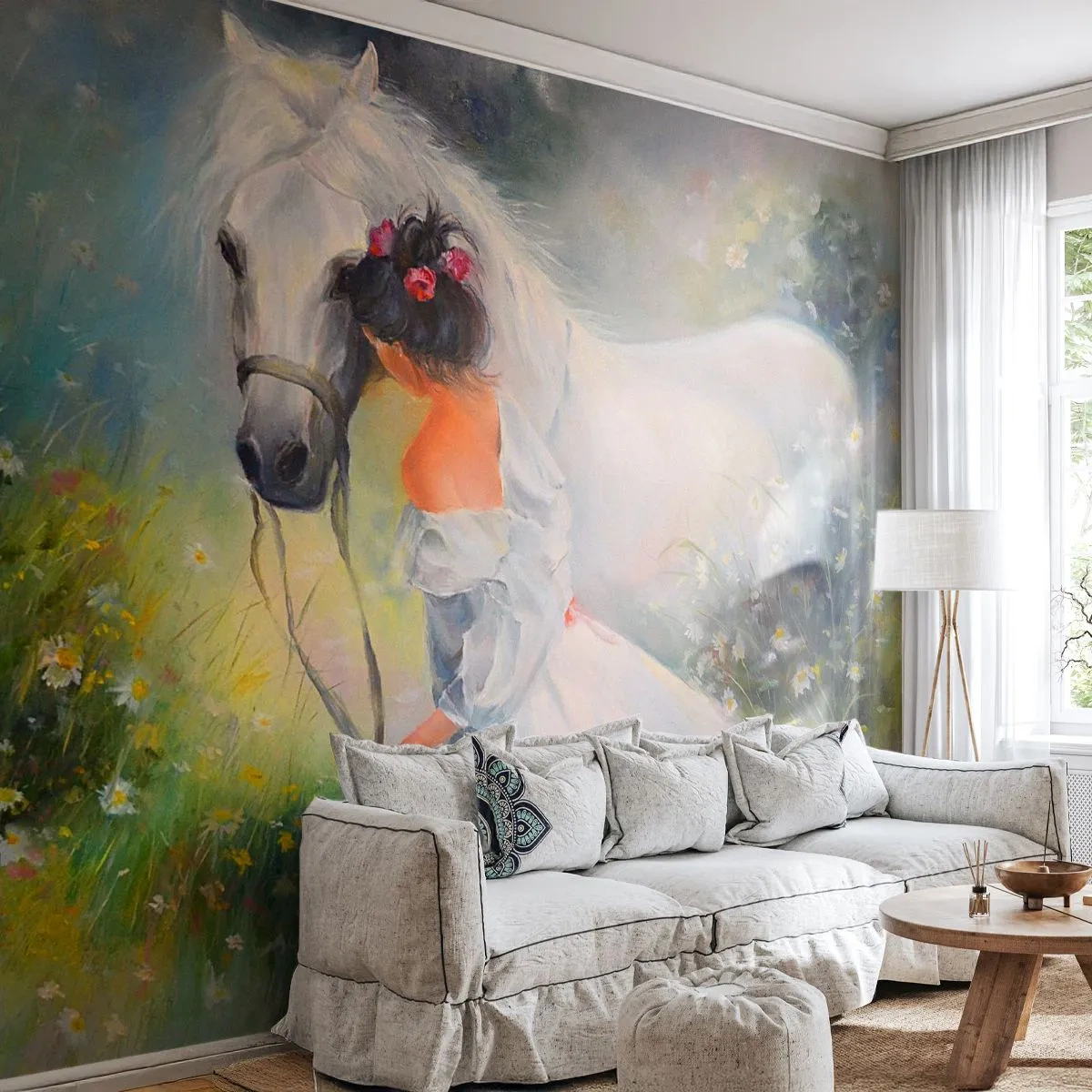 Papier Peint Autocollant Deluxe Sticker - Comme dans un beau rêve - Femme, Cheval, Prairie - 250x175 cm