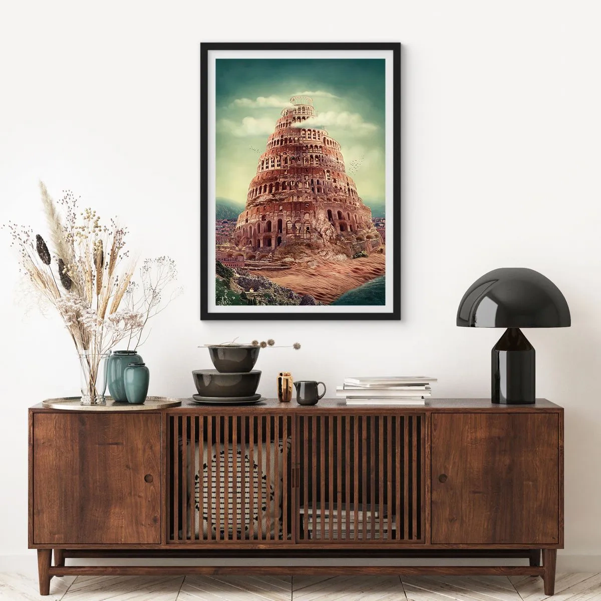 Affiche dans un cadre noir - Poster - La mythique Tour de Babel dans un paysage pittoresque - 50x70cm - La tour de Babel - Décoration murale moderne pour le salon et la chambre ARTTOR