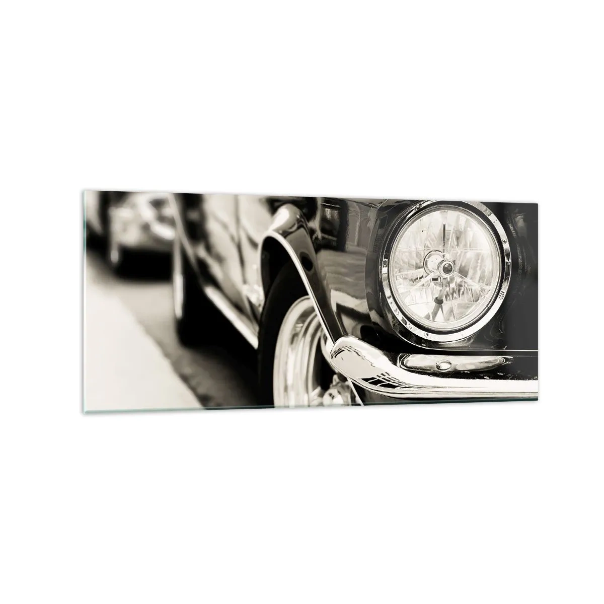 Impression sur verre - Image sur verre - Une voiture classique emblématique en noir et blanc élégant - 120x50cm - Brillance permanente - Décoration murale moderne pour le salon et la chambre ARTTOR