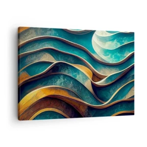 Impression sur toile - Image sur toile - Vagues abstraites dans des tons turquoise et or - 70x50cm - Méandres de bleu - Décoration murale moderne pour le salon et la chambre ARTTOR