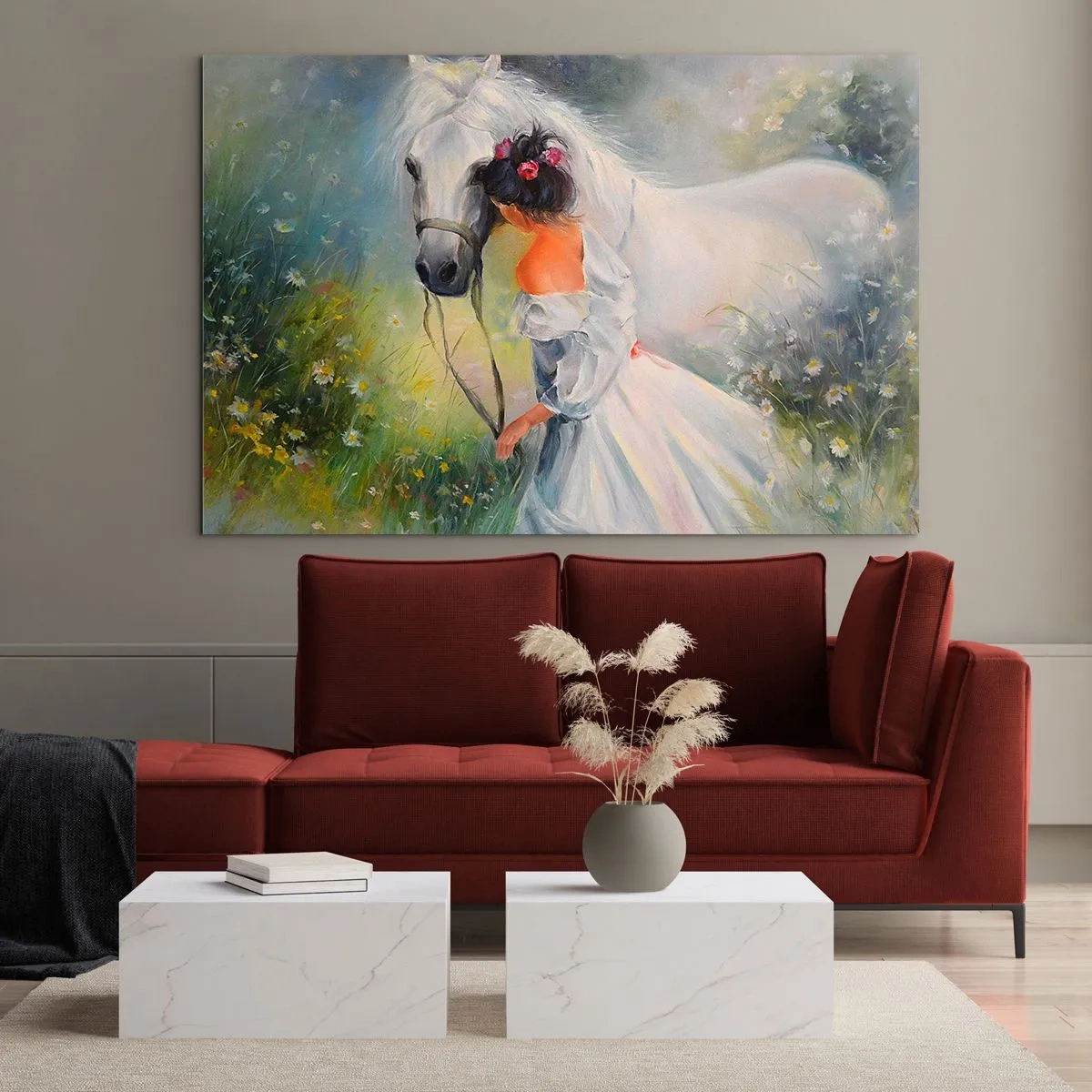 Impression sur verre - Image sur verre - Une femme en robe blanche avec un cheval blanc dans un pré plein de fleurs. - 70x50cm - Comme dans un beau rêve - Décoration murale moderne pour le salon et la chambre ARTTOR