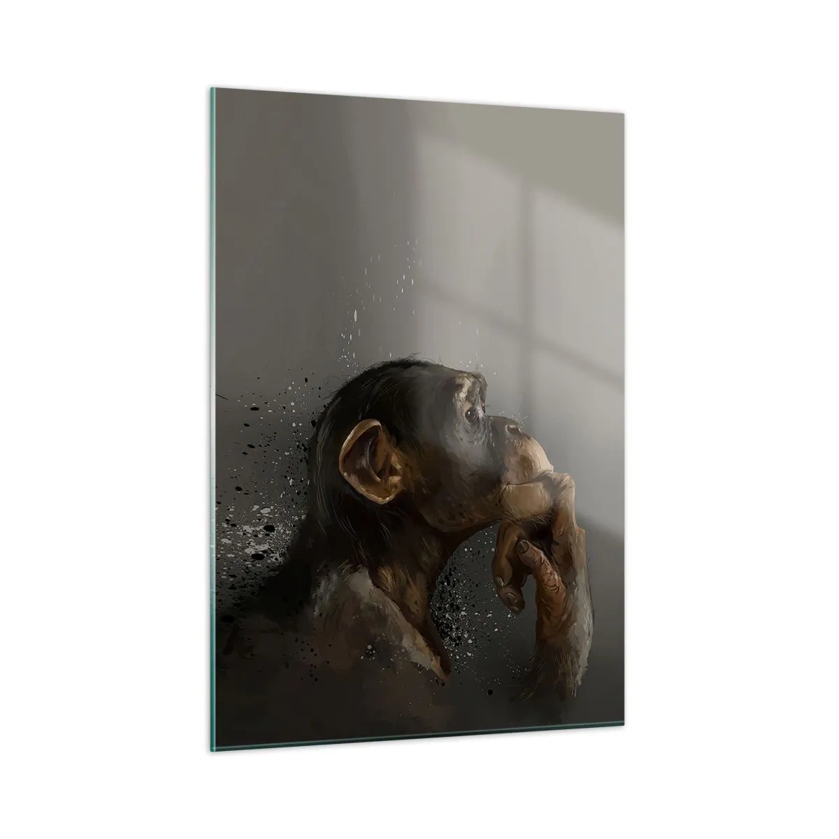 Impression sur verre - Image sur verre - Un singe pensif sur un fond sombre avec un effet d'éclaboussure - 50x70cm - Certainement un penseur - Décoration murale moderne pour le salon et la chambre ARTTOR