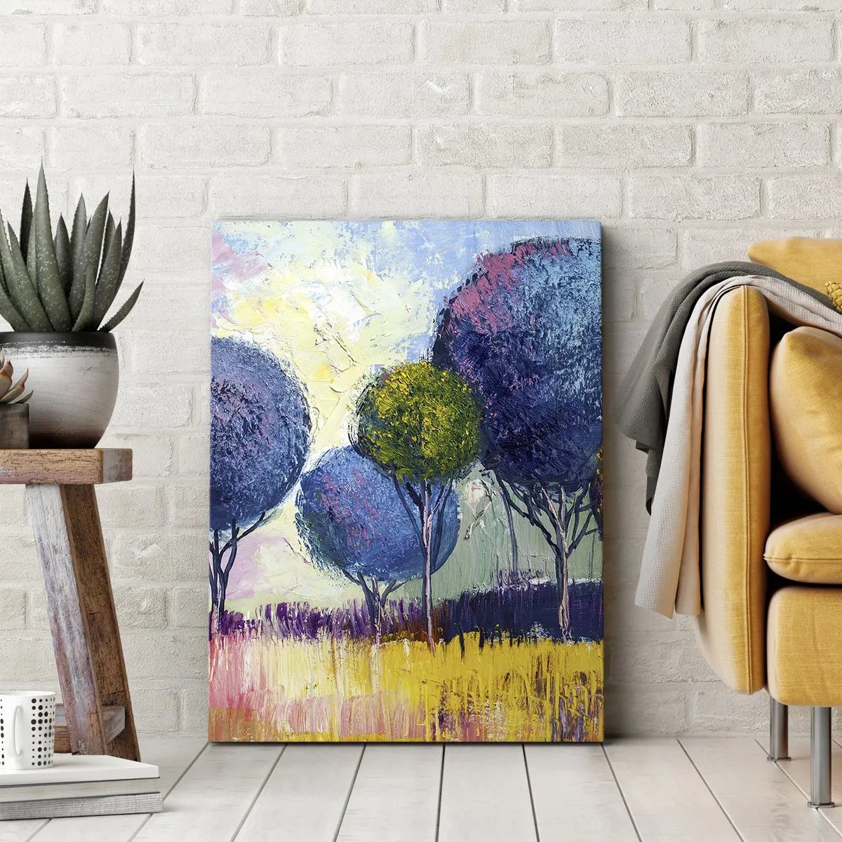 Impression sur toile - Image sur toile - Arbres colorés en forme de boule sur fond de paysage - 50x70cm - Sphère - la forme idéale - Décoration murale moderne pour le salon et la chambre ARTTOR