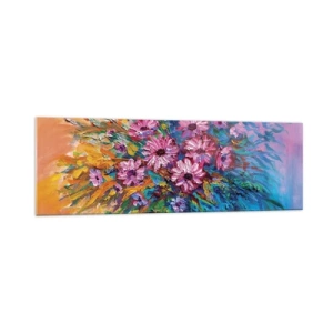 Impression sur verre - Image sur verre - Fleurs colorées dans un bouquet sur un fond de couleur pastel - 160x50cm - Énergie de la vie - Décoration murale moderne pour le salon et la chambre ARTTOR