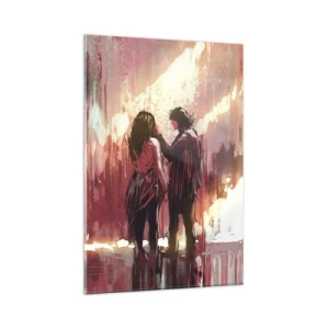 Impression sur verre - Image sur verre - Un couple debout dans une lumière chaude sur fond de motifs abstraits - 80x120cm - L'éternel spectacle de l'amour - Décoration murale moderne pour le salon et la chambre ARTTOR