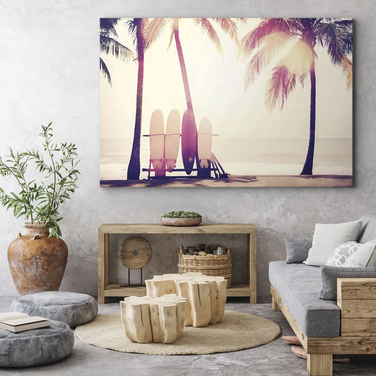 Impression sur toile - Image sur toile - Palmiers et planches de surf sur la plage au soleil - 120x80cm - Ca va être une journée magnifique - Décoration murale moderne pour le salon et la chambre ARTTOR