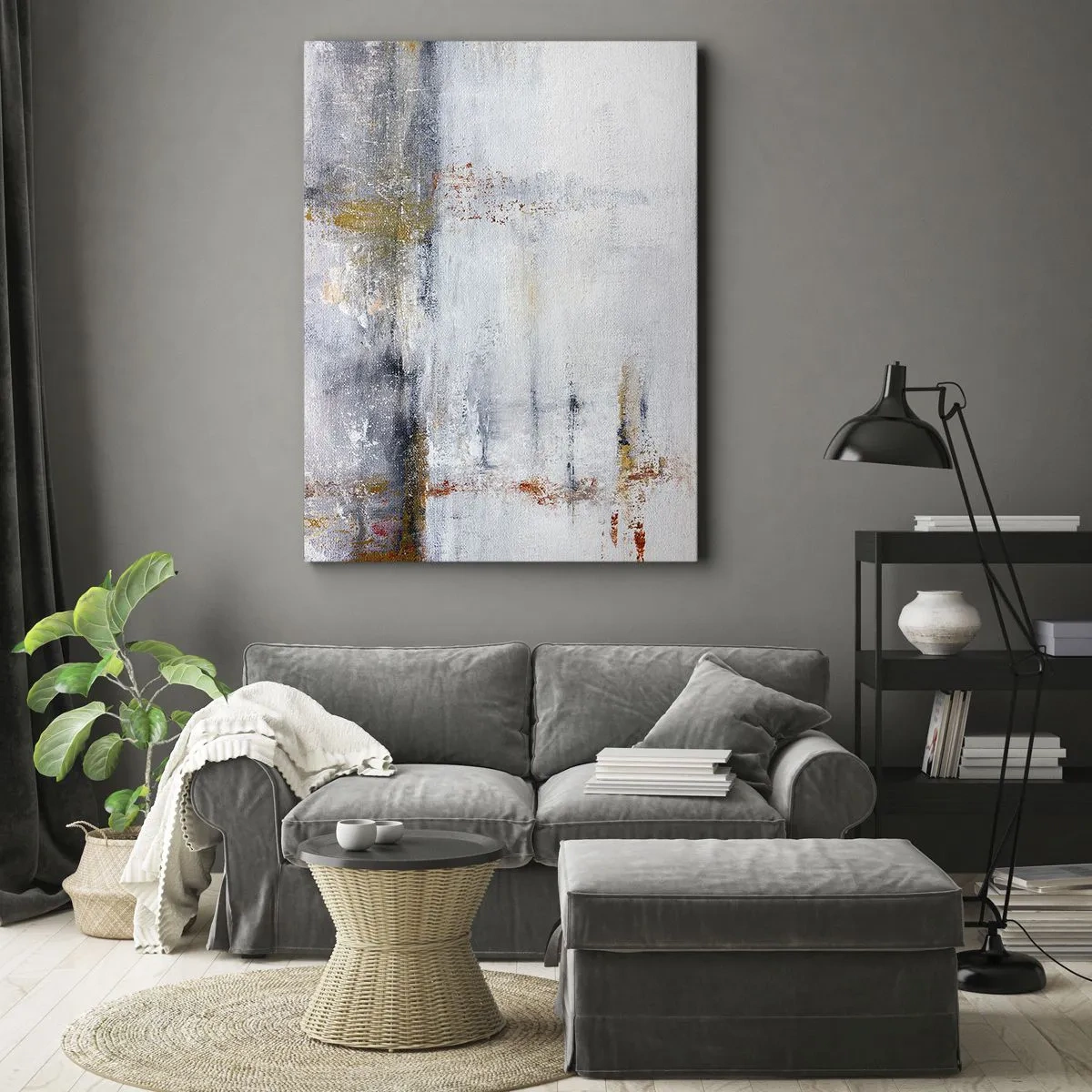 Impression sur toile - Image sur toile - Un paysage abstrait aux accents flous de gris et d'or. - 50x70cm - Derrière l'air un rideau - Décoration murale moderne pour le salon et la chambre ARTTOR
