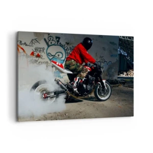Impression sur toile - Image sur toile - Un motard effectue un drift spectaculaire dans un bâtiment abandonné couvert de graffitis. - 100x70cm - Pourchassez moi! - Décoration murale moderne pour le salon et la chambre ARTTOR