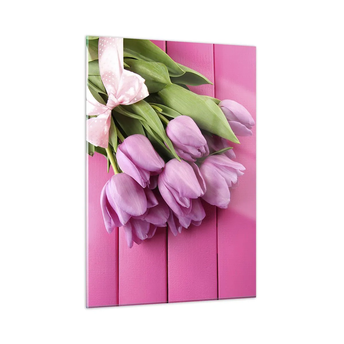 Impression sur verre - Image sur verre - Un bouquet de tulipes roses sur un fond en bois - 50x70cm - Juste pour toi - Décoration murale moderne pour le salon et la chambre ARTTOR