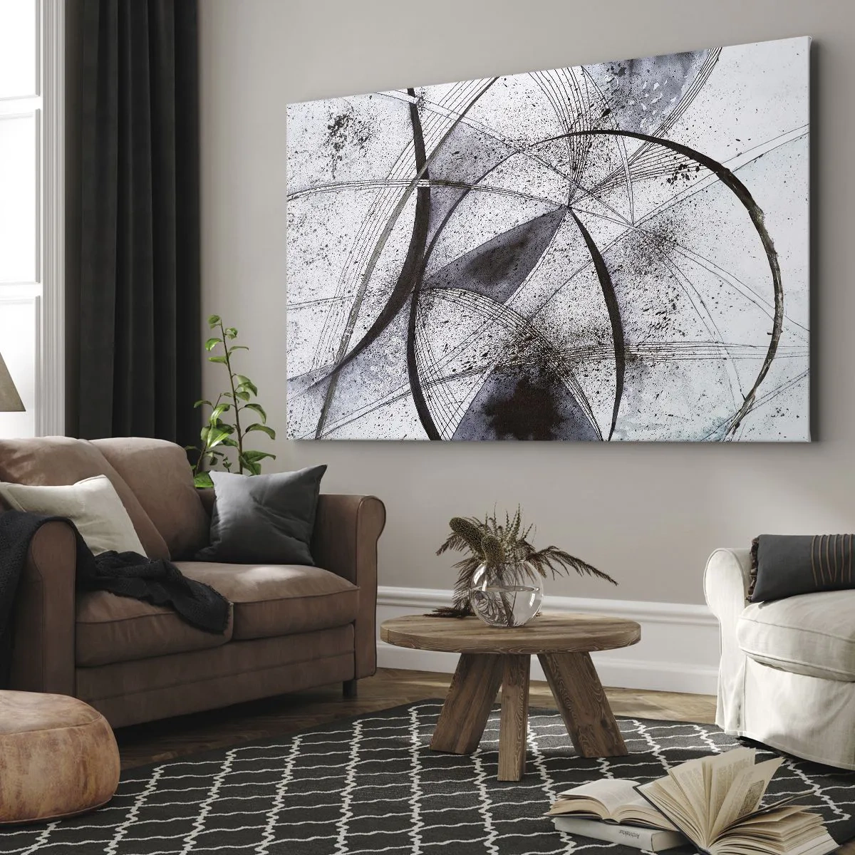 Impression sur toile - Image sur toile - Lignes et formes abstraites dans des tons de gris et de noir - 70x50cm - Fantaisie futuriste - Décoration murale moderne pour le salon et la chambre ARTTOR