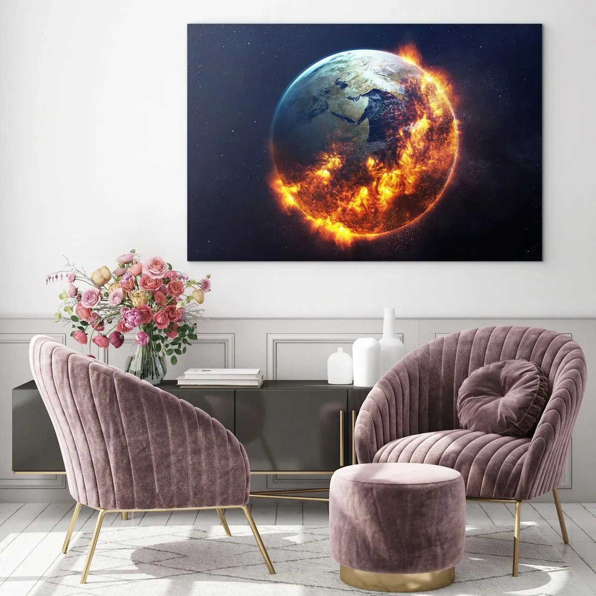 Impression sur verre - Image sur verre - La Terre entourée de flammes dans l'espace - 100x70cm - La flamme de l'apocalypse - Décoration murale moderne pour le salon et la chambre ARTTOR