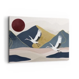 Impression sur toile - Image sur toile - Grues en vol sur fond de montagnes et de soleil rouge - 100x70cm - Encore une fois, la journée s'est ÉCOULÉE - Décoration murale moderne pour le salon et la chambre ARTTOR