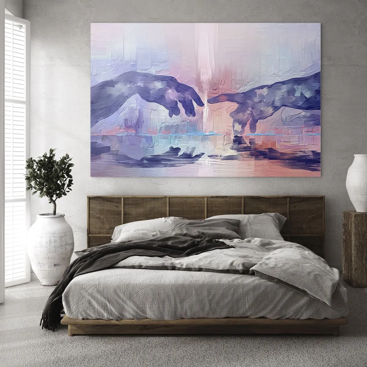 Impression sur verre - Image sur verre - Mains abstraites s'approchant l'une de l'autre sur un fond pastel. - 120x80cm - Divine étincelle de vie - Décoration murale moderne pour le salon et la chambre ARTTOR