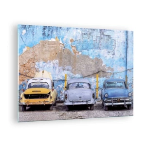 Impression sur verre - Image sur verre - Voitures anciennes sur fond de mur en ruine - 70x50cm - Rencontre de vétérans - Décoration murale moderne pour le salon et la chambre ARTTOR