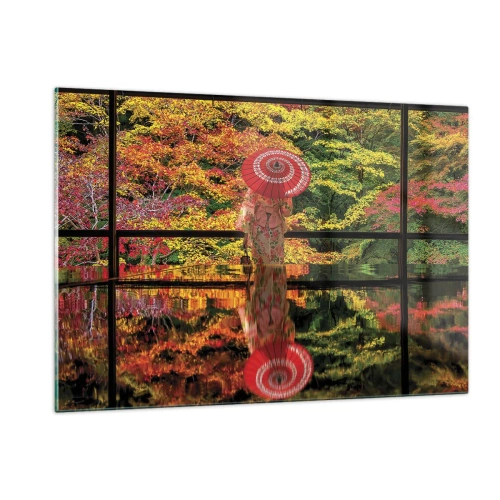 Impression sur verre - Image sur verre - Une femme en kimono avec un parapluie sur fond de paysage d'automne, reflété dans l'eau. - 120x80cm - Dans le temple de la nature - Décoration murale moderne pour le salon et la chambre ARTTOR