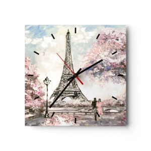 Horloge murale - Pendule murale - La Tour Eiffel entourée d'arbres en fleurs - 30x30cm - Balade d'avril à Paris - Décoration murale moderne pour le salon et la chambre ARTTOR