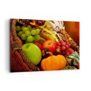 Impression sur toile - Image sur toile - Un panier de fruits, de citrouilles et de maïs sur fond de couleurs d'automne. - 120x80cm - Panier de récolte - Décoration murale moderne pour le salon et la chambre ARTTOR