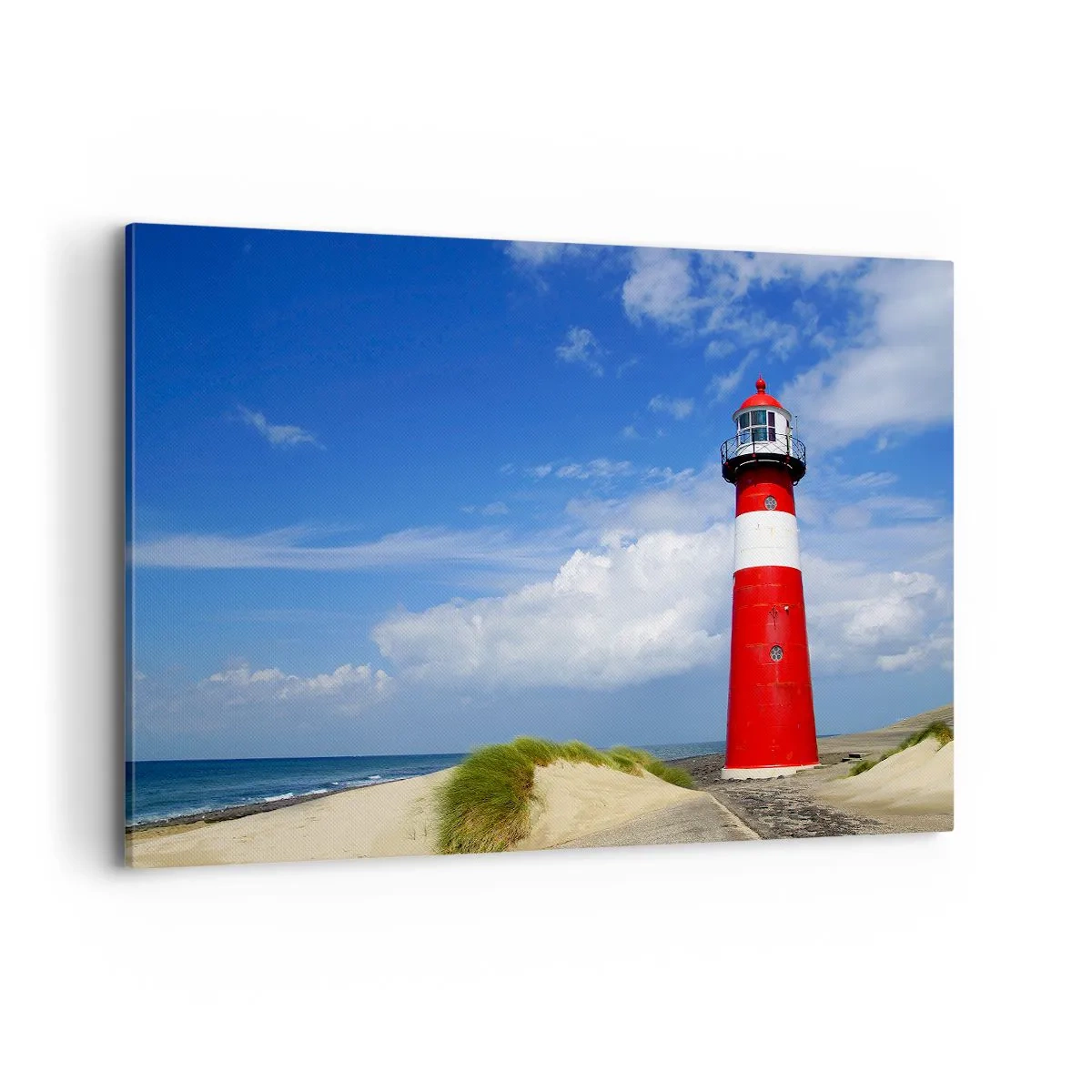 Impression sur toile - Image sur toile - Phare rouge sur la plage sous un ciel bleu - 120x80cm - Rêve de solitude - Décoration murale moderne pour le salon et la chambre ARTTOR