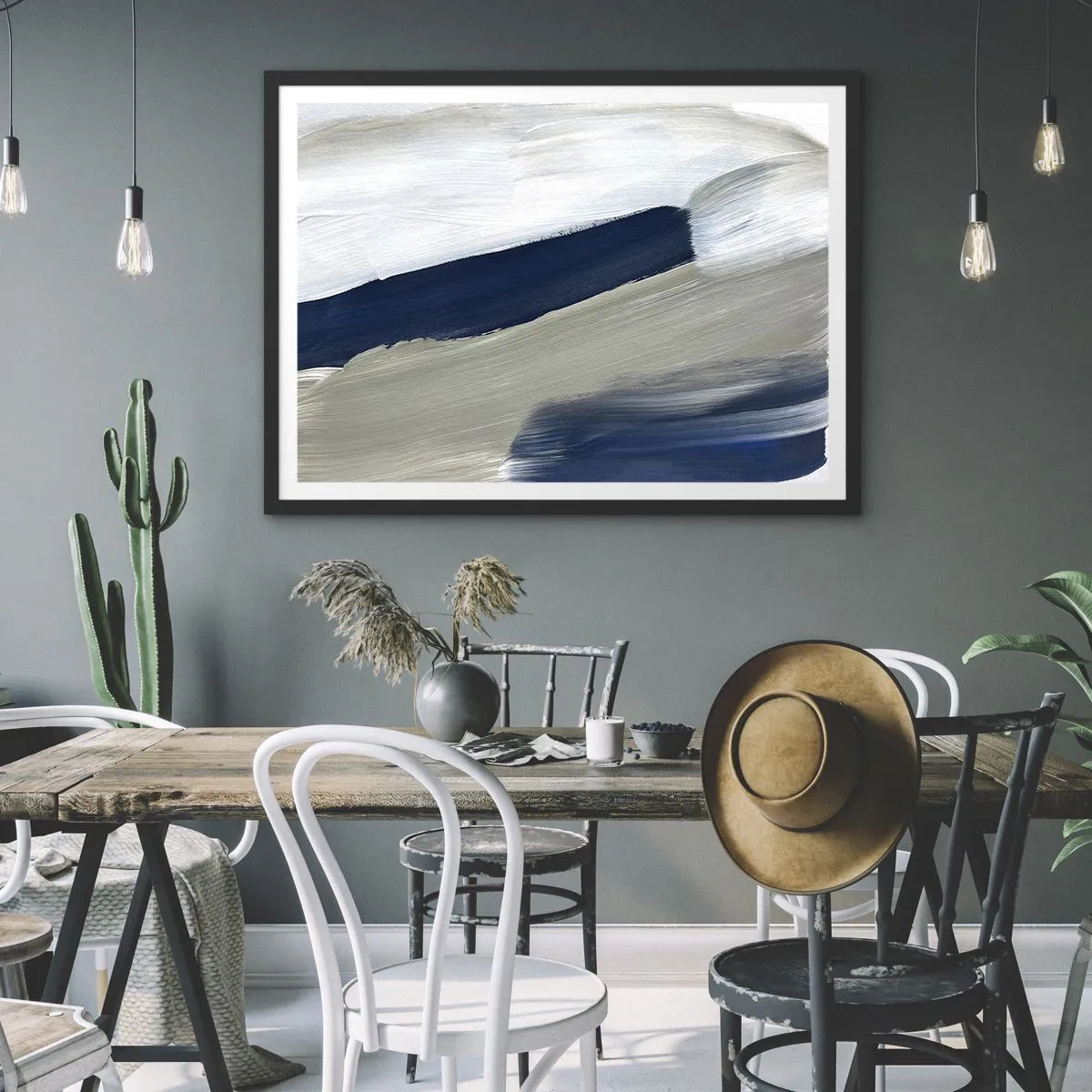 Affiche dans un cadre noir - Poster - Coups de pinceau abstraits dans des tons de bleu et de gris - 70x50cm - Rencontre avec la blancheur - Décoration murale moderne pour le salon et la chambre ARTTOR