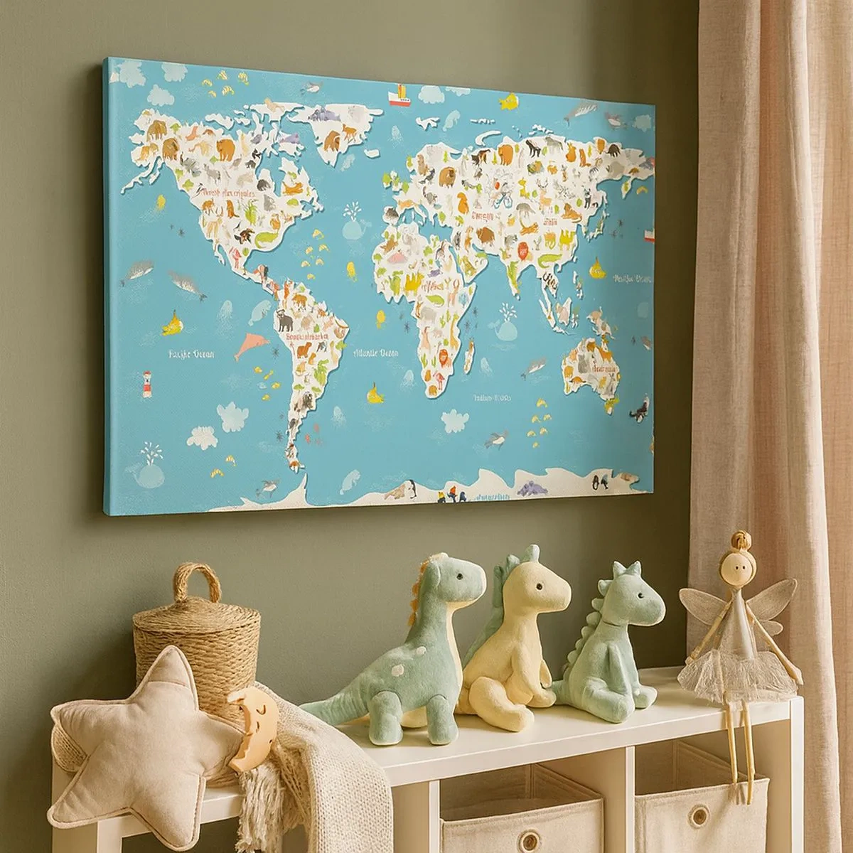 Impression sur toile - Image sur toile - Carte du monde colorée avec des illustrations d'animaux - 70x50cm - Nous aimons le monde entier - Décoration murale moderne pour le salon et la chambre ARTTOR
