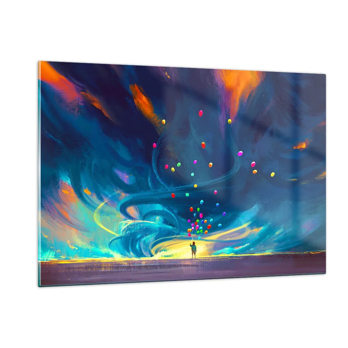 Impression sur verre - Image sur verre - Une personne tenant des ballons colorés sur un fond de vent bleu. - 120x80cm - Au vent bleu ciel - Décoration murale moderne pour le salon et la chambre ARTTOR