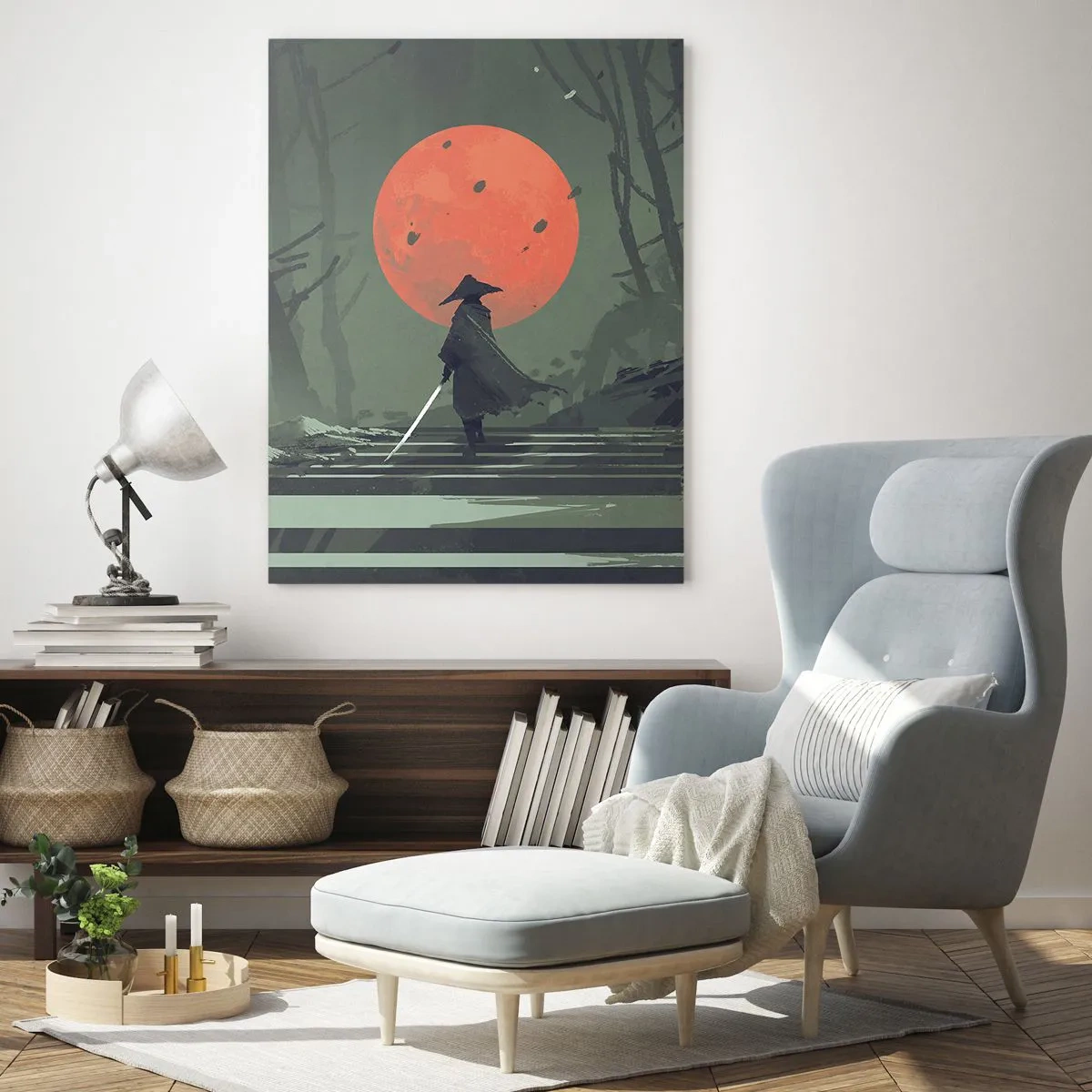 Impression sur verre - Image sur verre - Un guerrier solitaire avec une épée sur fond de lune rouge dans une forêt sombre. - 80x120cm - Guerrier de la lune rouge - Décoration murale moderne pour le salon et la chambre ARTTOR