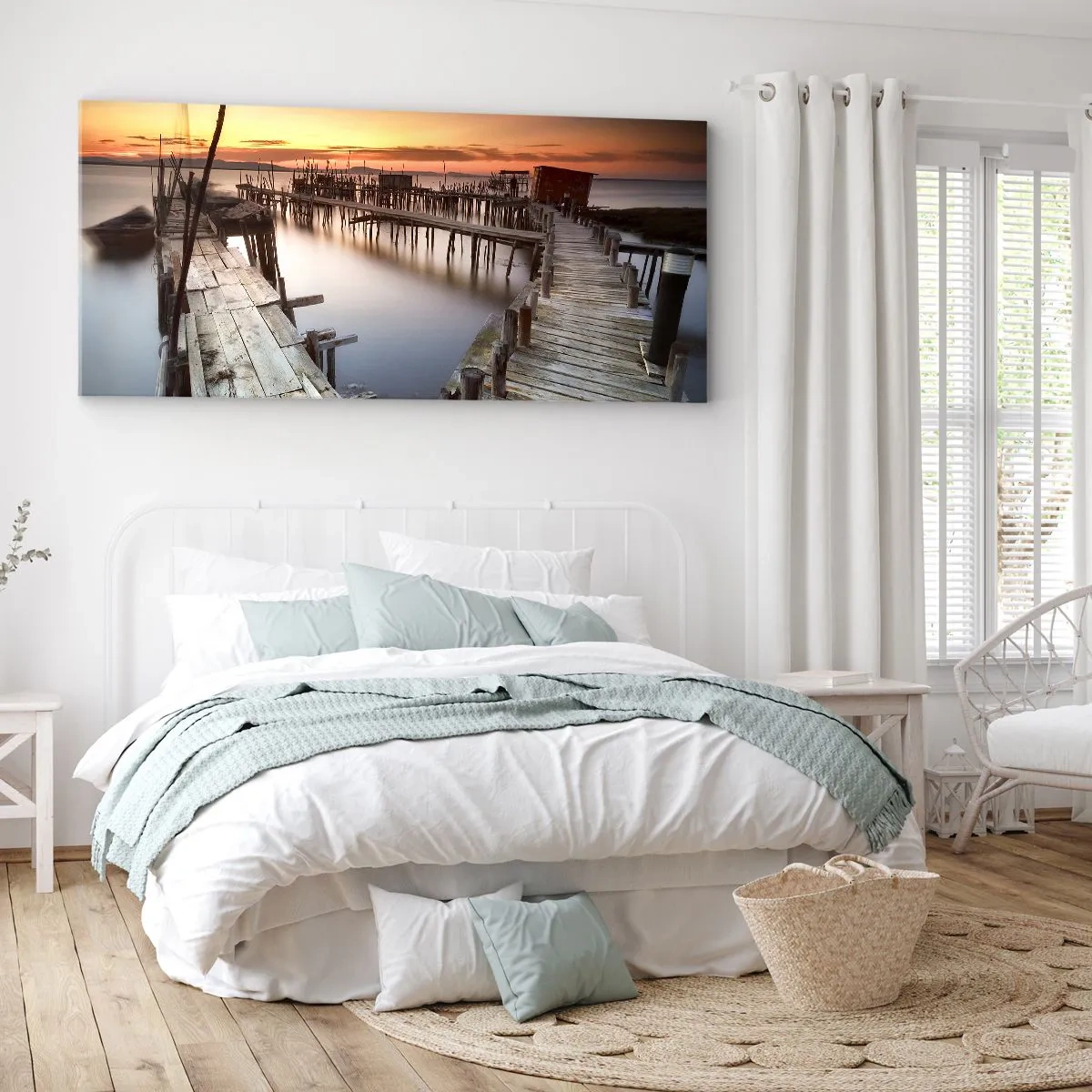 Impression sur toile - Image sur toile - Jetées en bois sur une eau calme au coucher du soleil - 140x50cm - Authentique, pas un attrape touristique - Décoration murale moderne pour le salon et la chambre ARTTOR