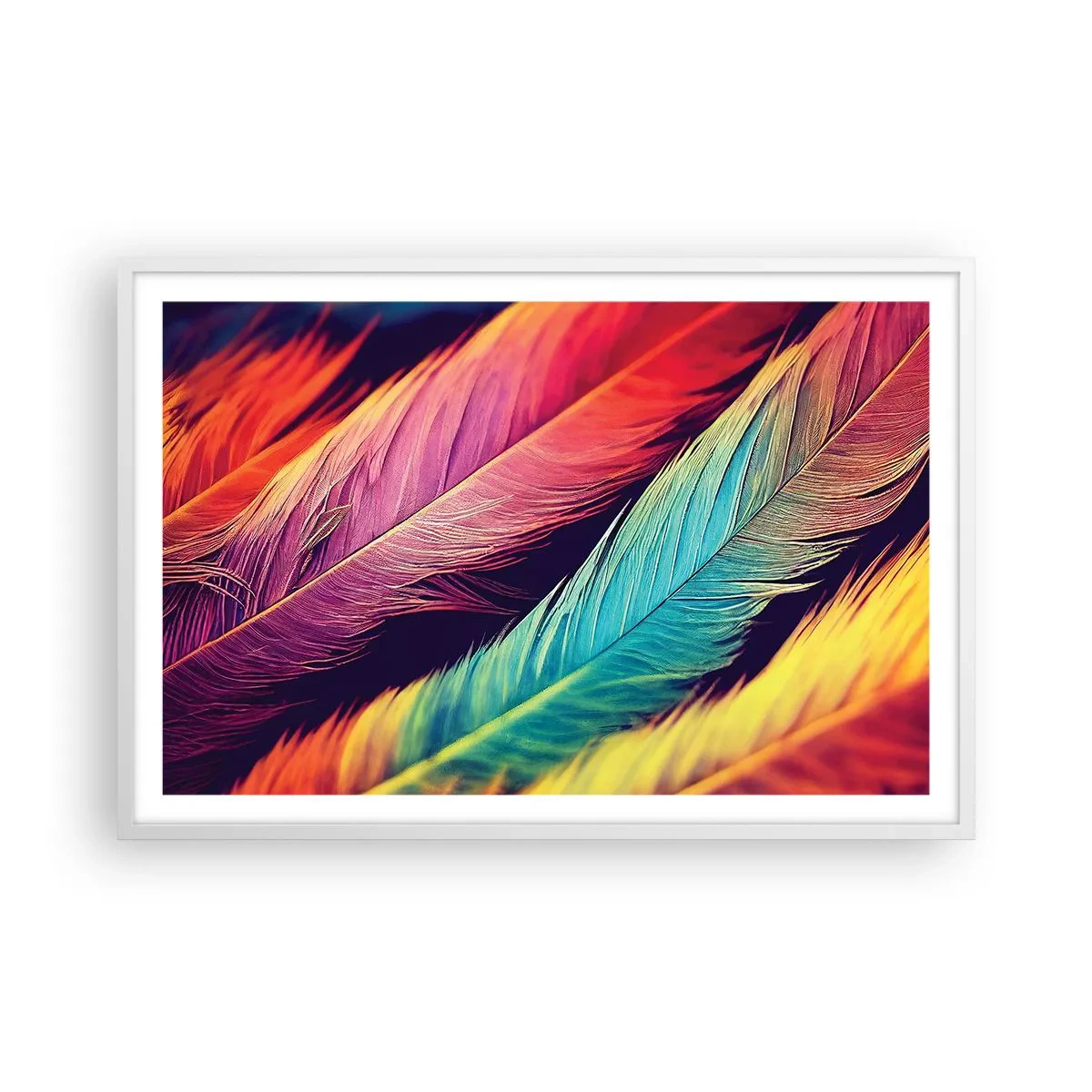 Affiche dans un cadre blanc - Poster - Arc-en-ciel de plumes - 91x61 cm