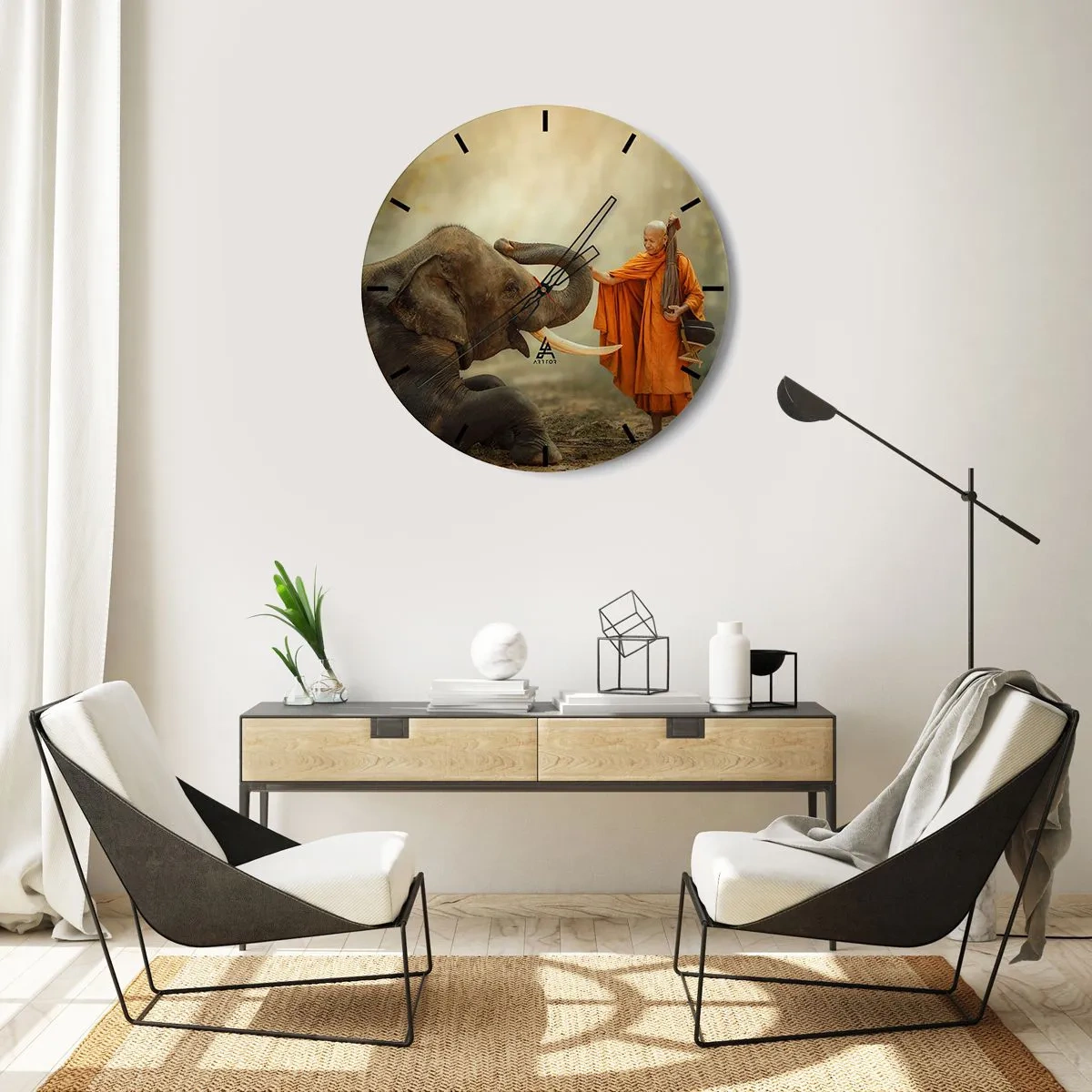 Horloge murale - Pendule murale - Un moine bouddhiste et un éléphant dans un cadre paisible et naturel - 30x30cm - Rencontre en voyageant - Décoration murale moderne pour le salon, la cuisine et la chambre ARTTOR