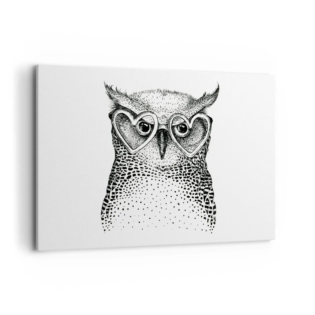 Impression sur toile - Image sur toile - Graphique élégant d'un hibou portant des lunettes en forme de cœur - 120x80cm - Sagement et avec amour - Décoration murale moderne pour le salon et la chambre ARTTOR