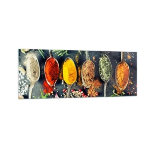 Impression sur verre - Image sur verre - Épices colorées sur des cuillères avec des herbes en arrière-plan - 140x50cm - Magie culinaire - Décoration murale moderne pour le salon et la chambre ARTTOR