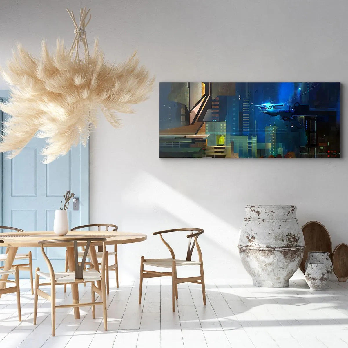 Impression sur toile - Image sur toile - Ville futuriste la nuit avec des néons et un véhicule volant - 160x50cm - Dans le futur proche - Décoration murale moderne pour le salon et la chambre ARTTOR