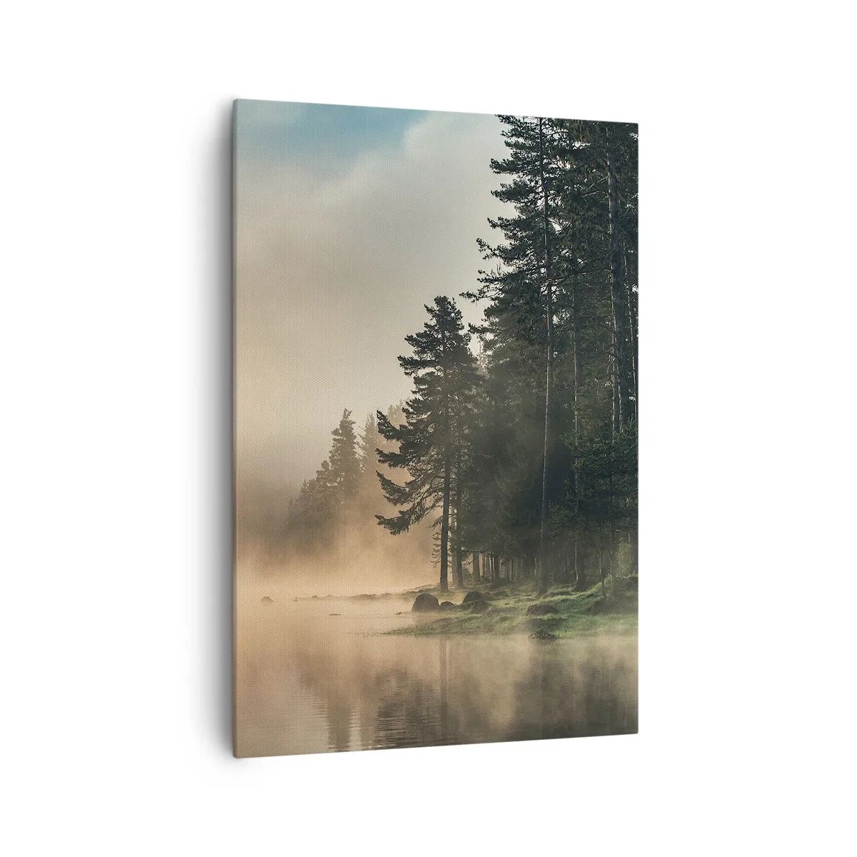 Impression sur toile - Image sur toile - Une forêt brumeuse sur un lac calme - 70x100cm - Naissance du jour - Décoration murale moderne pour le salon et la chambre ARTTOR