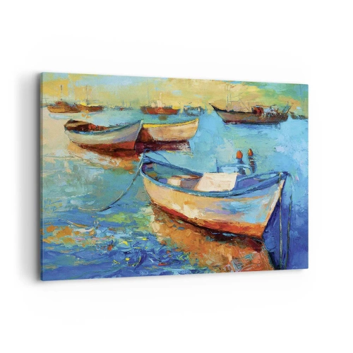 Impression sur toile - Image sur toile - Bateaux colorés amarrés sur une eau calme - 120x80cm - Dans la baie du sud - Décoration murale moderne pour le salon et la chambre ARTTOR