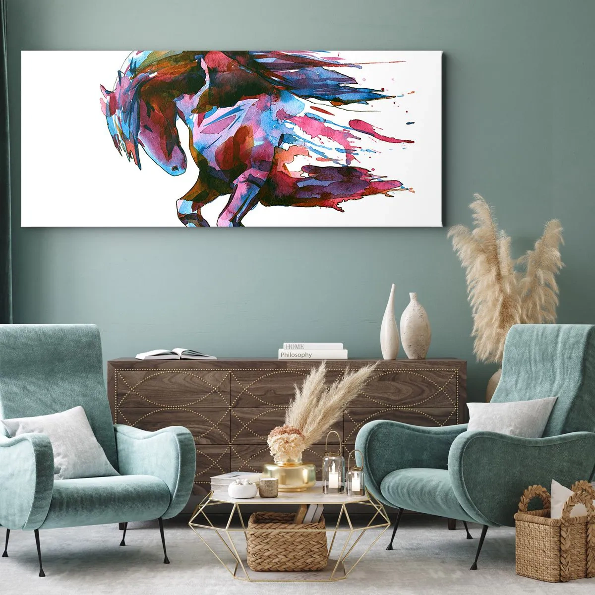 Impression sur toile - Image sur toile - Un cheval aux couleurs abstraites dynamiques symbolisant la liberté - 140x50cm - Dans le ravissement - Décoration murale moderne pour le salon et la chambre ARTTOR