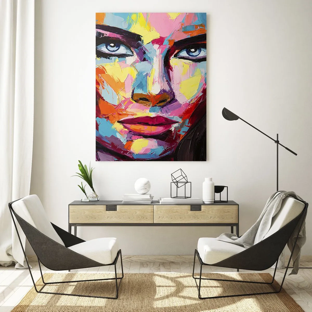 Impression sur verre - Image sur verre - Un portrait abstrait coloré d'une femme aux couleurs intenses. - 80x120cm - L'âme aussi est colorée - Décoration murale moderne pour le salon et la chambre ARTTOR